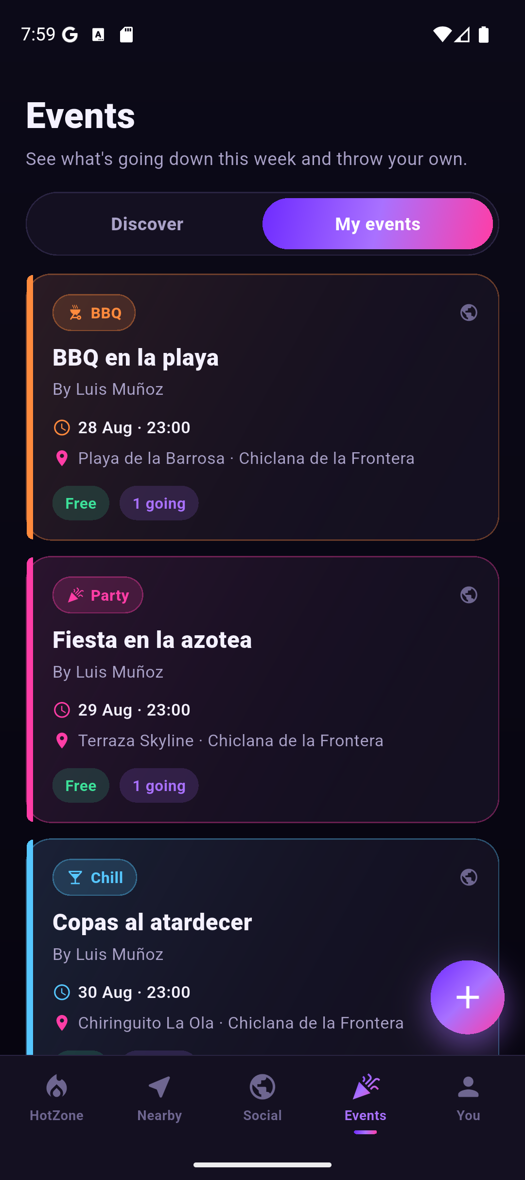 Eventos en FlashNight con tarjetas de colores por categoría: fiesta, chill, BBQ y concierto