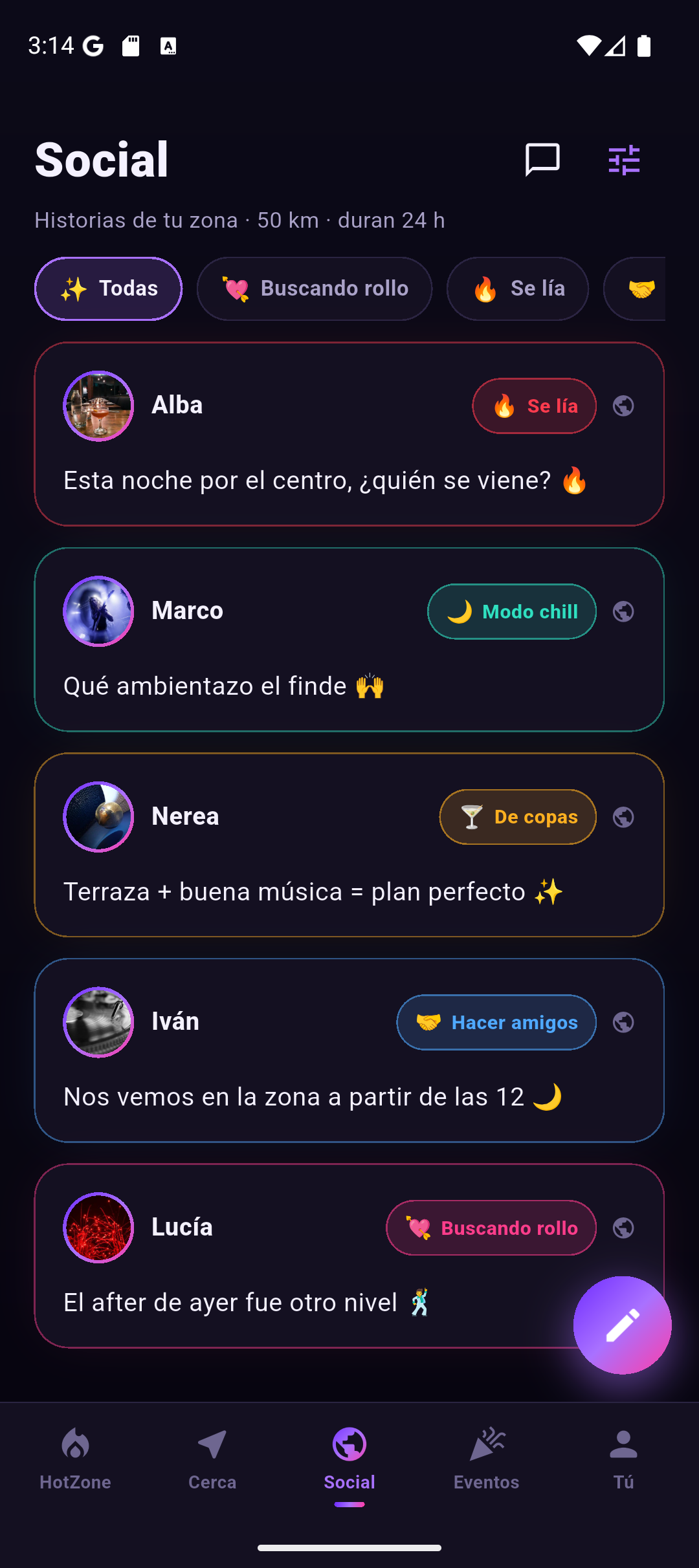 Feed social de FlashNight con publicaciones de tu zona